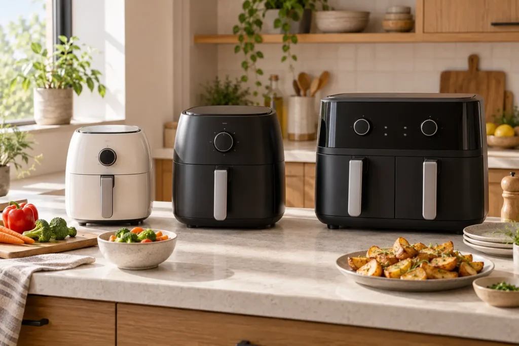 Three unbranded air fryers in compact, medium, and dual-basket sizes on a kitchen counter