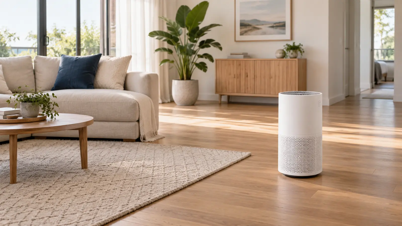 Air purifier positioned with open airflow in a bright living room