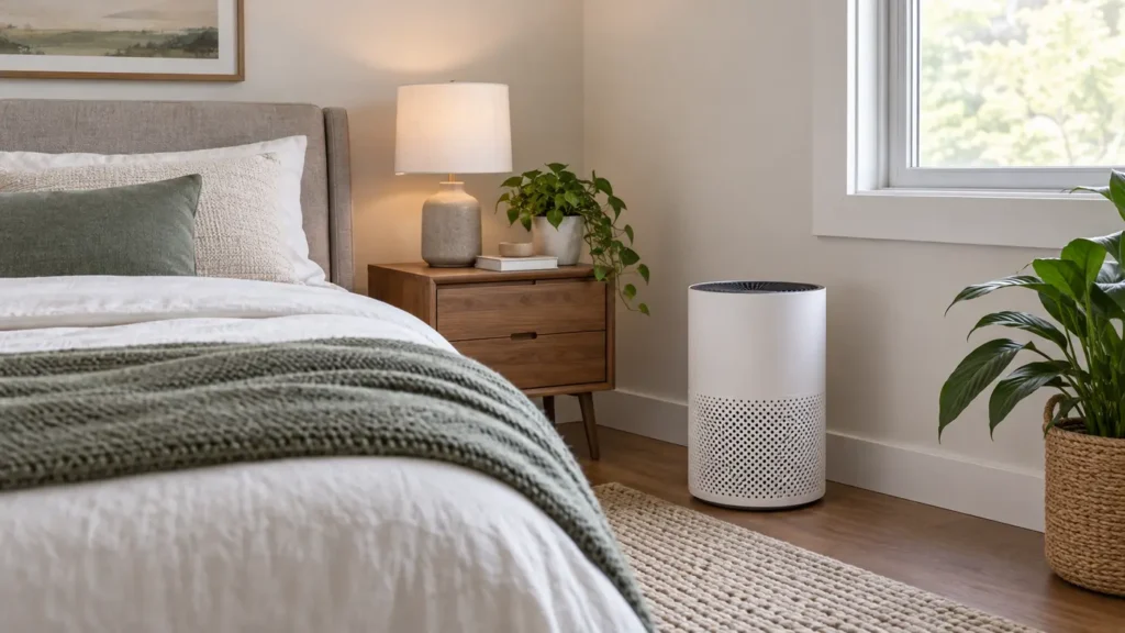 Compact air purifier with clear airflow space in a calm bedroom