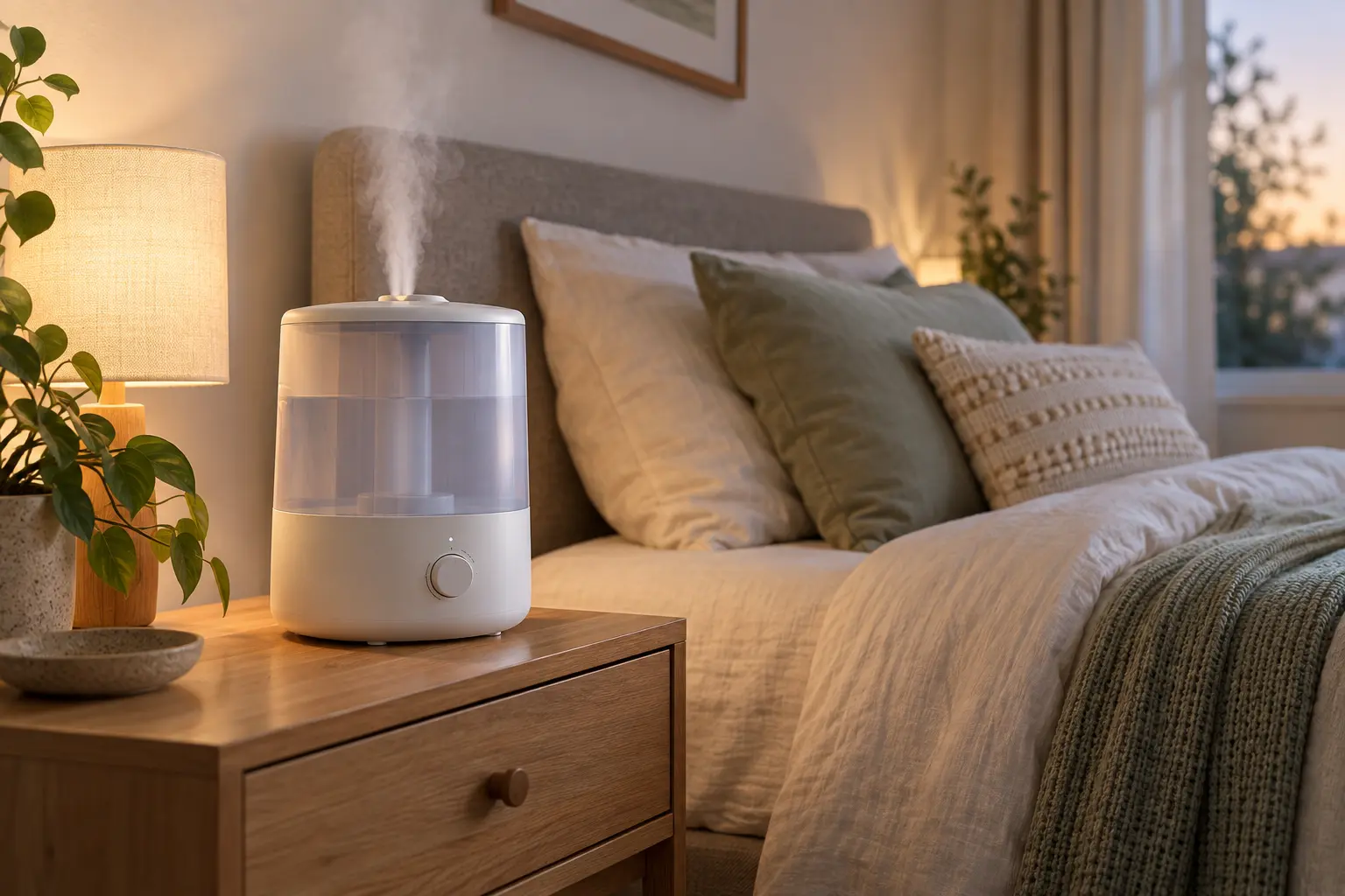 Unbranded cool-mist humidifier on a wooden nightstand in a calm bedroom