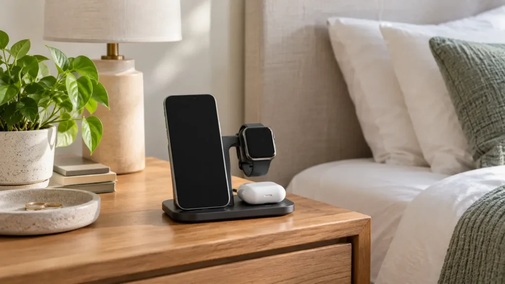Bedside charging station holding a phone, smartwatch and wireless earbuds