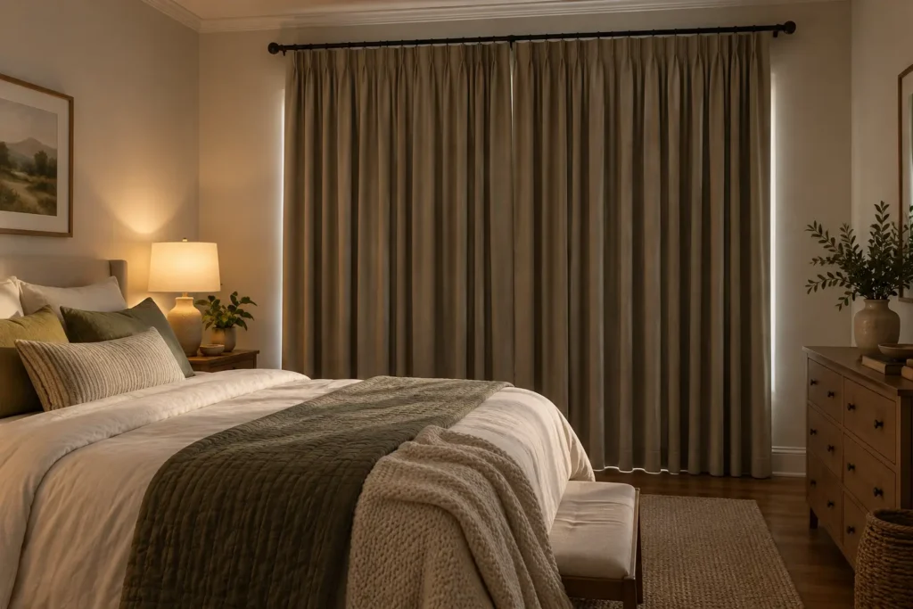 Layered neutral blackout curtains drawn across a cozy bedroom window