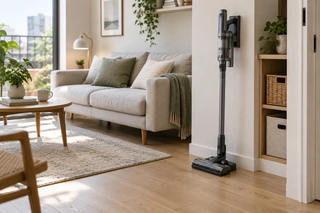 Slim cordless vacuum stored in a bright small apartment living room