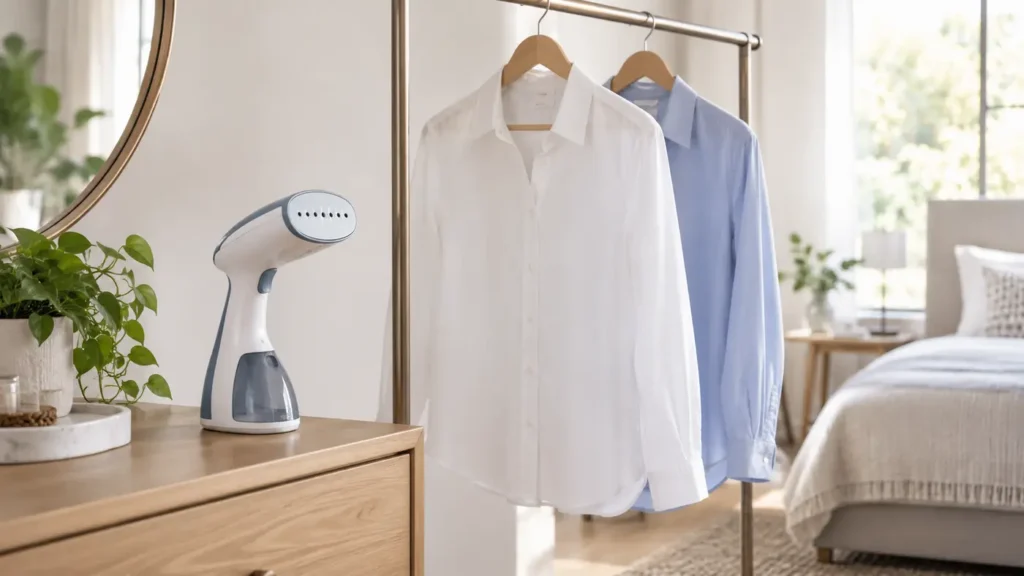 Compact clothes steamer beside freshly steamed shirts in a bright bedroom