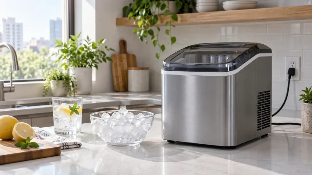 Compact countertop ice maker beside a bowl of ice in a bright kitchen
