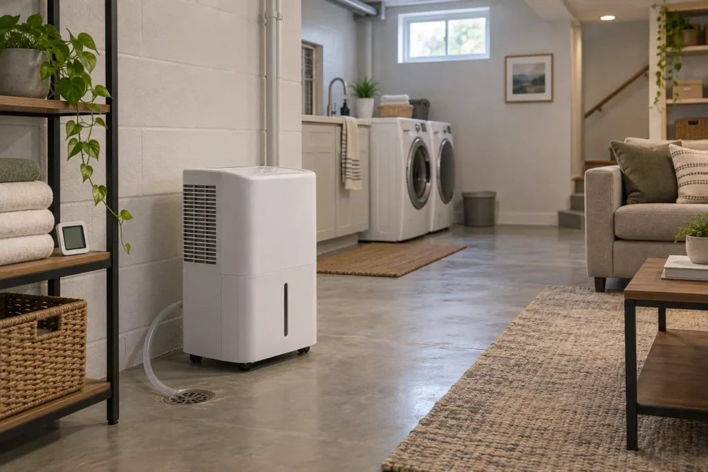 Portable dehumidifier with drain hose in a clean finished basement laundry area