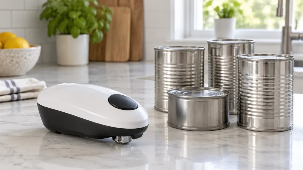 Compact one-touch electric can opener beside plain metal cans