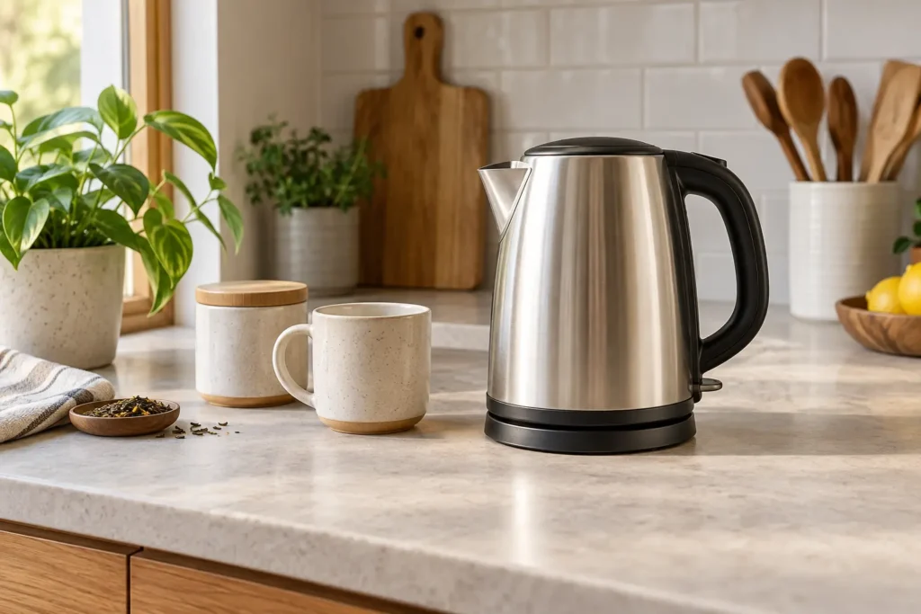Unbranded stainless steel electric kettle on a bright apartment kitchen counter