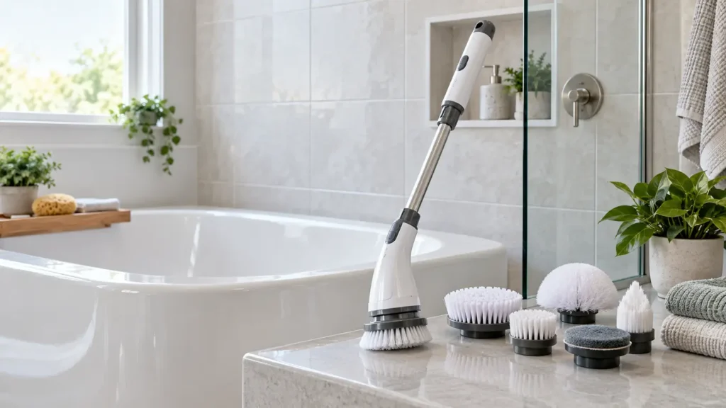 Cordless electric spin scrubber with brush heads beside a clean bathtub