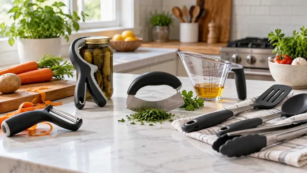 Ergonomic kitchen tools with wide handles arranged on a counter