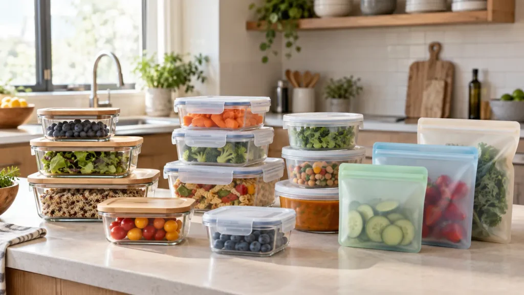 Glass, plastic and silicone food storage containers arranged in a bright kitchen