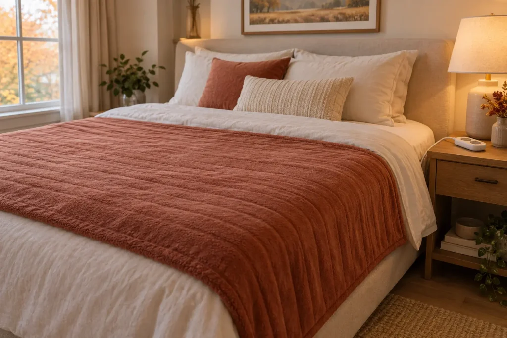 Unbranded heated blanket lying flat on a neatly made bed with a controller on the nightstand