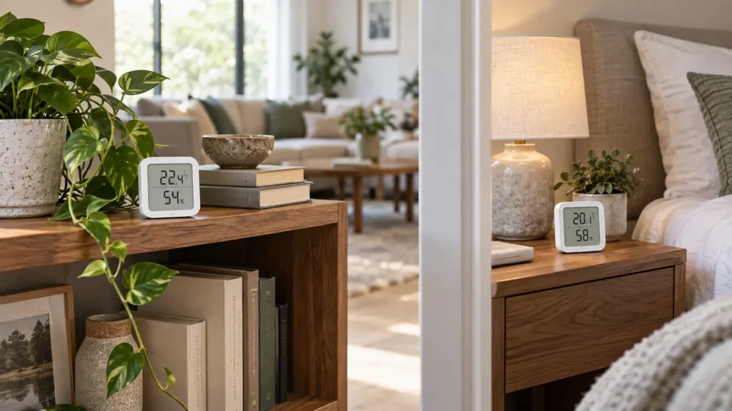 Digital humidity monitors in a living room and bedroom