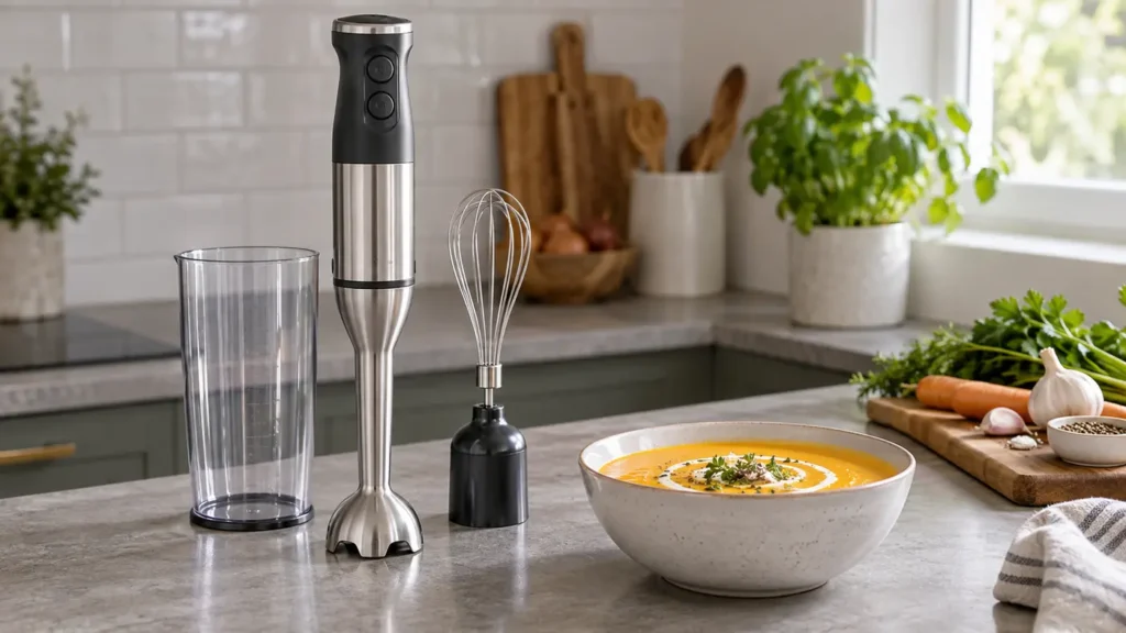 Immersion blender with blending cup and whisk attachment in a bright kitchen