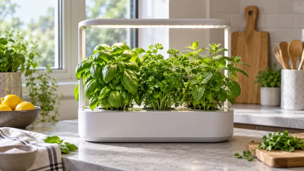 Indoor hydroponic herb garden with basil, parsley and mint on a kitchen counter