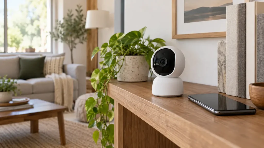 Compact indoor security camera on a living room shelf