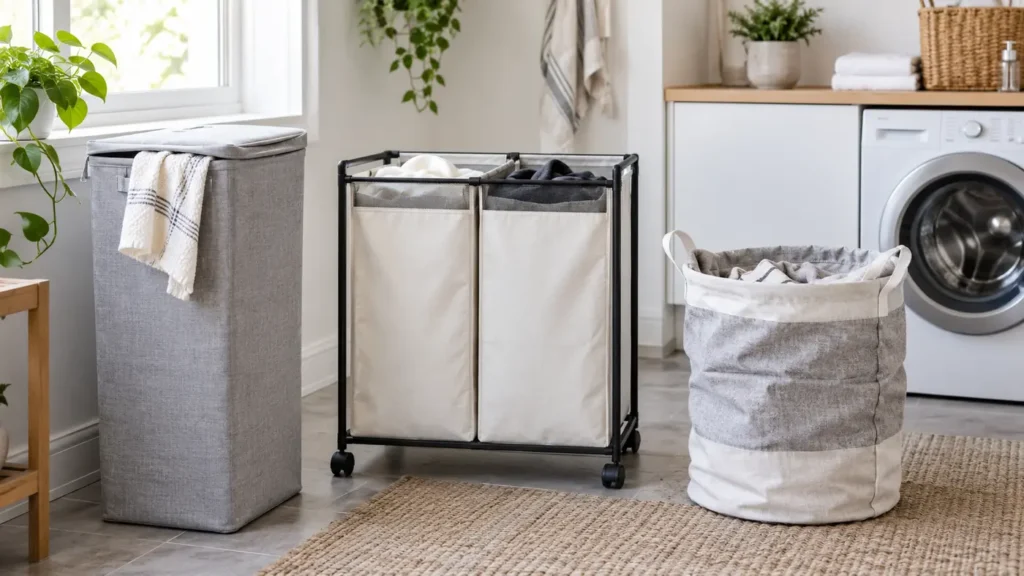 Laundry hampers in a bright laundry room