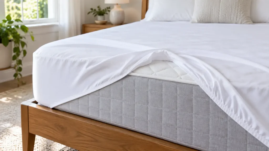 Smooth mattress protector fitted over a mattress corner