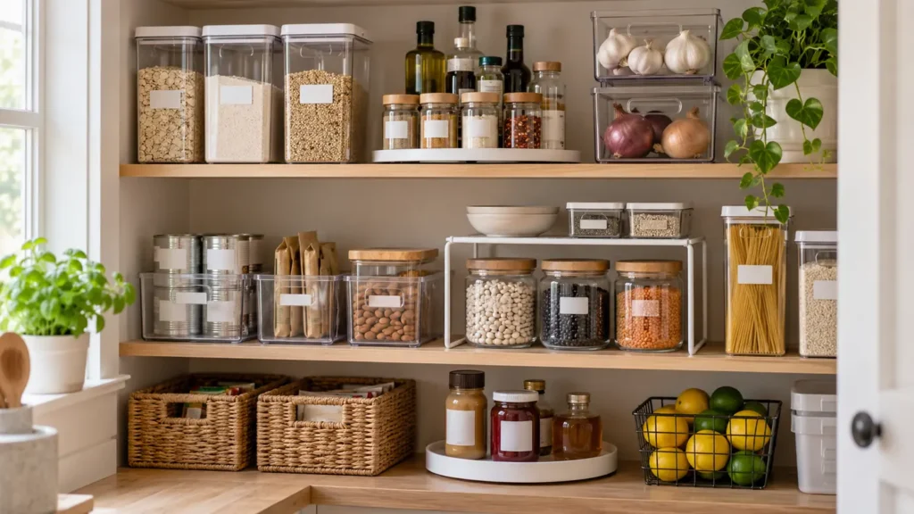 Organized small kitchen pantry with bins, turntable and shelf riser