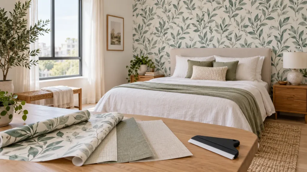 Peel-and-stick wallpaper samples beside a finished botanical bedroom accent wall