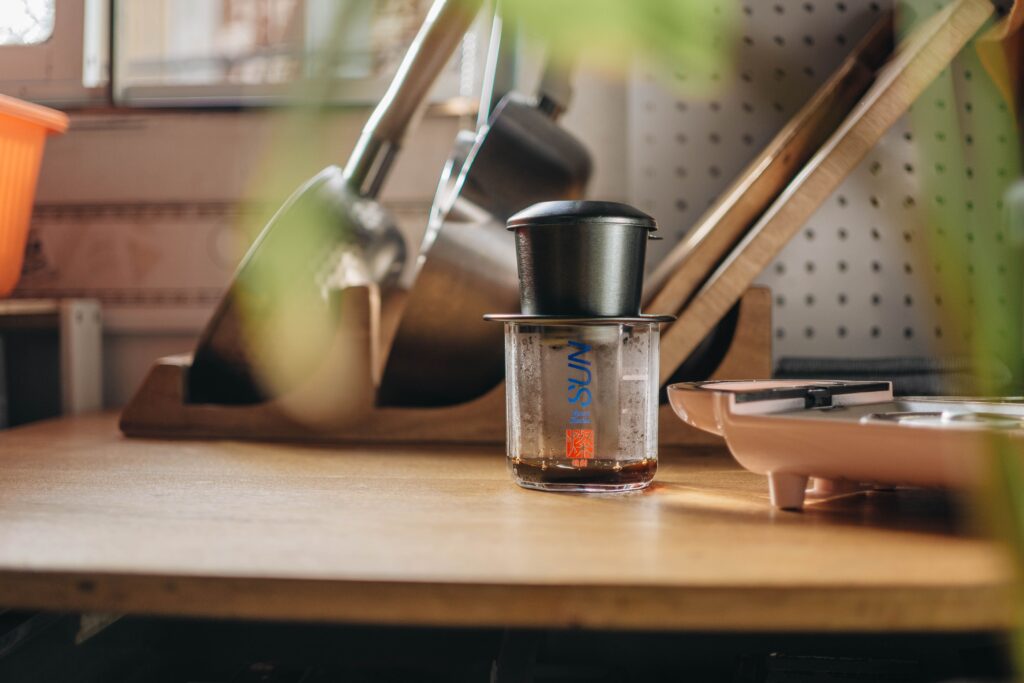 Coffee maker on a warm home kitchen counter