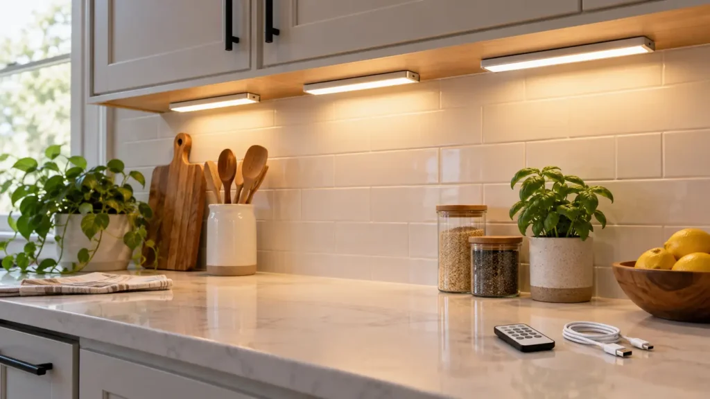 Adhesive under-cabinet lights illuminating a clean kitchen counter