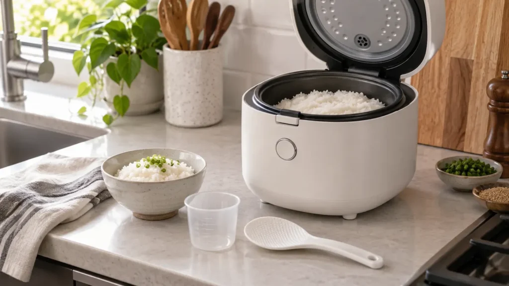 Compact rice cooker open with cooked rice on a modern kitchen counter