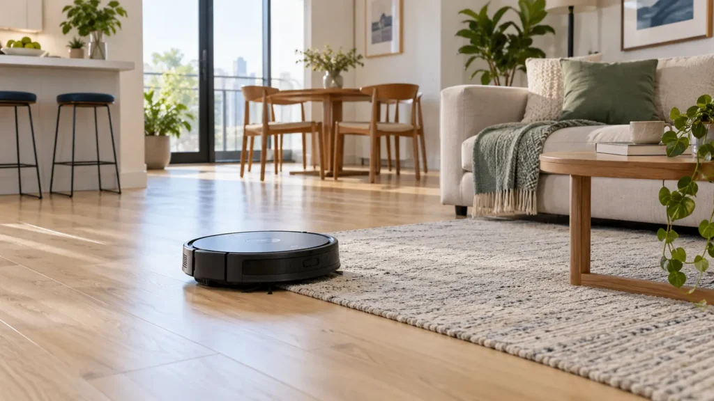 Unbranded robot vacuum moving from wood flooring onto a low-pile rug in a small apartment