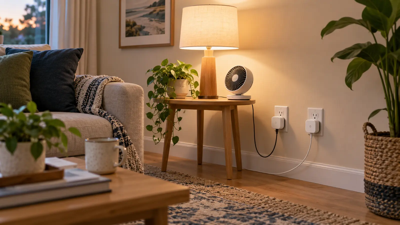 Smart plugs controlling a lamp and small fan in a comfortable living room