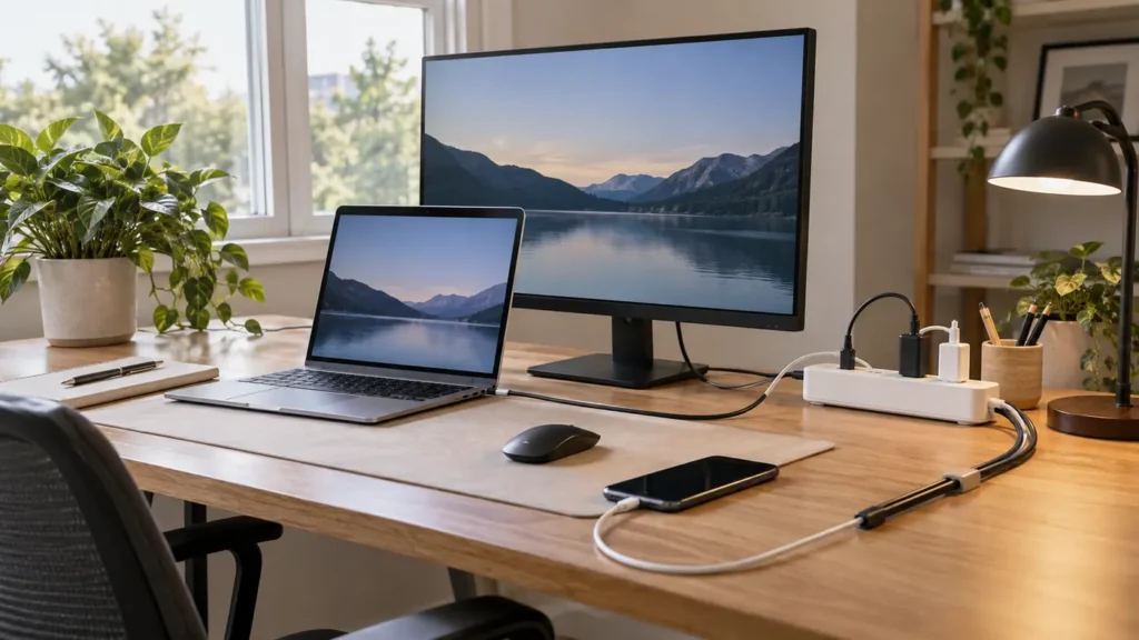Smart power strip organizing devices and cables in a home office