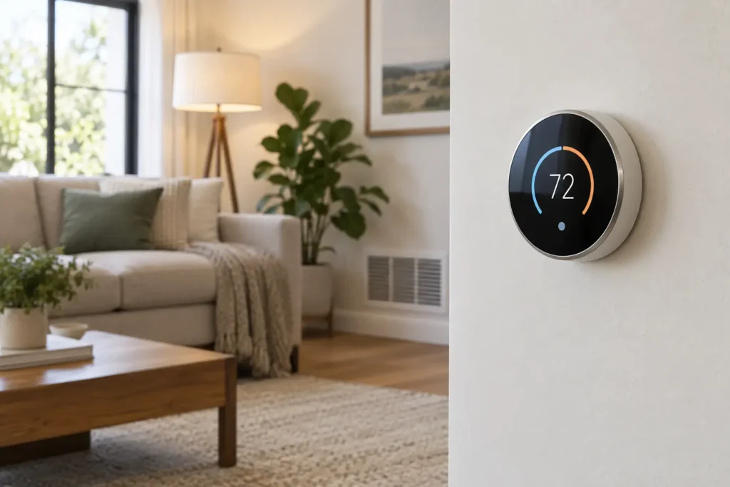 Generic smart thermostat mounted in a comfortable modern living room