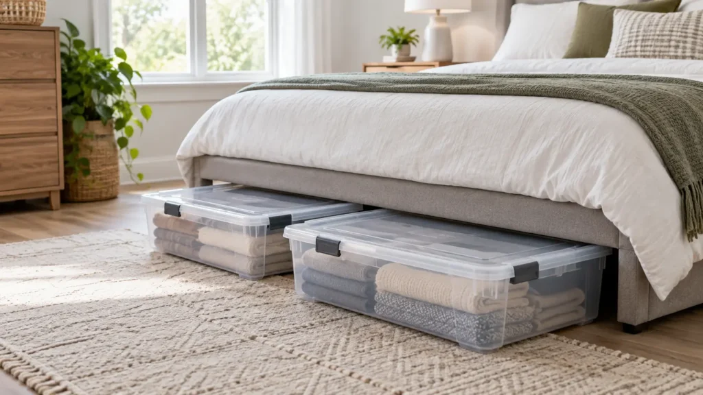 Clear lidded storage containers under a neatly made bed