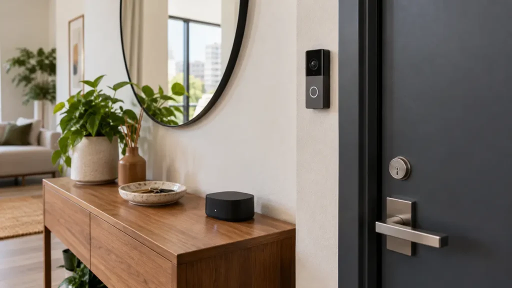 Video doorbell beside a modern front door with a local storage hub