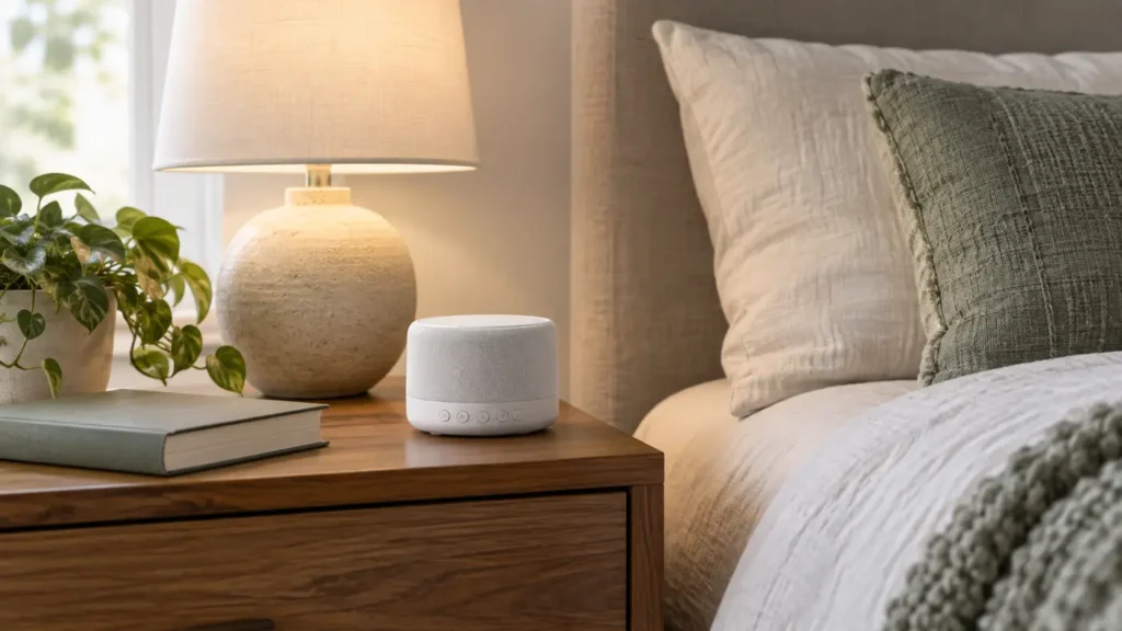 Compact white noise machine on a calm bedroom nightstand