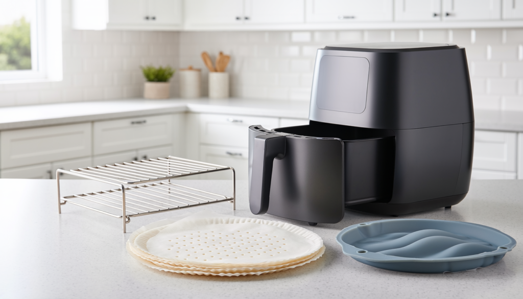 Useful air fryer accessories arranged beside a basket air fryer
