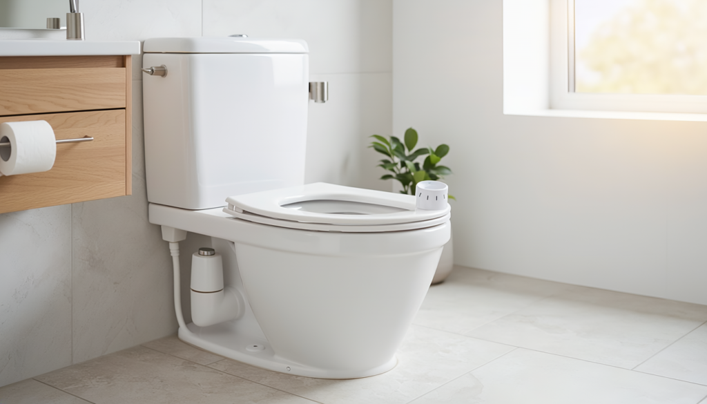 Renter-friendly bidet attachment installed on a modern apartment toilet