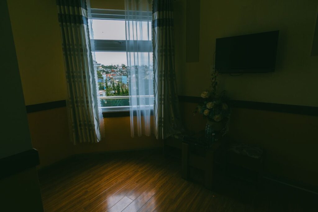 Living room window with curtains and outdoor view