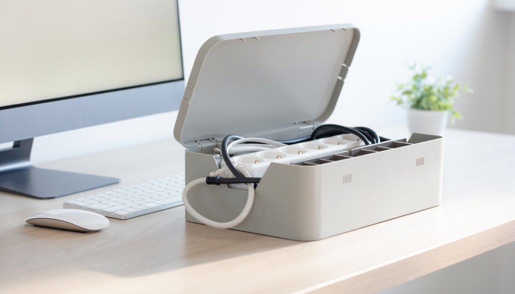 Cable management box organizing a power strip and cords on a home office desk