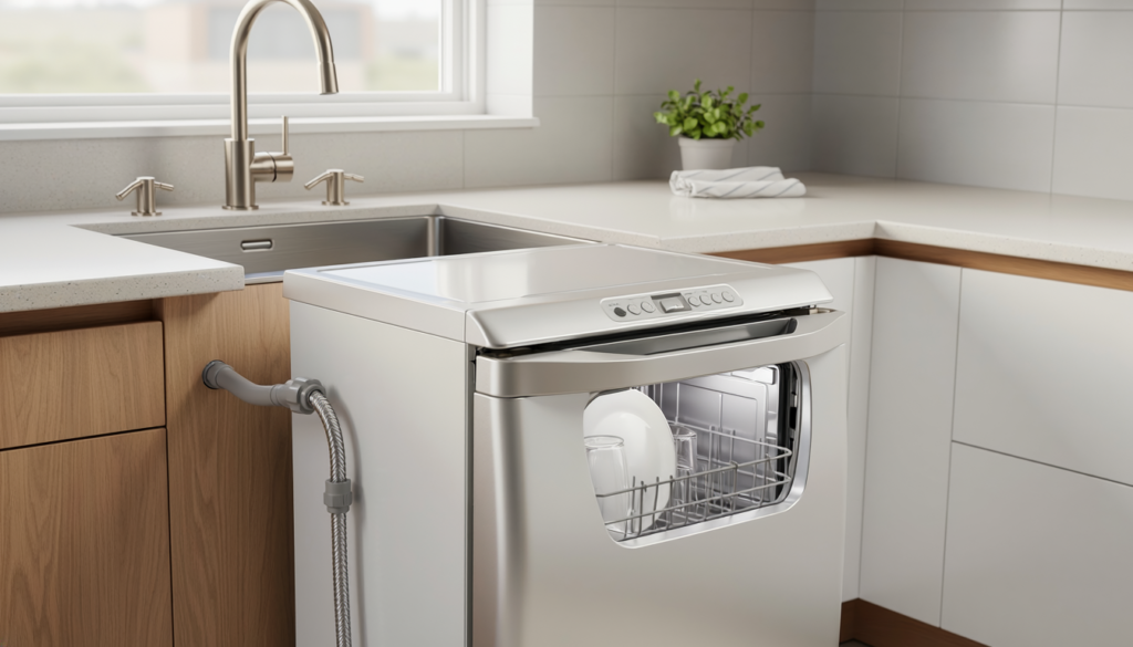 Compact countertop dishwasher in a small apartment kitchen