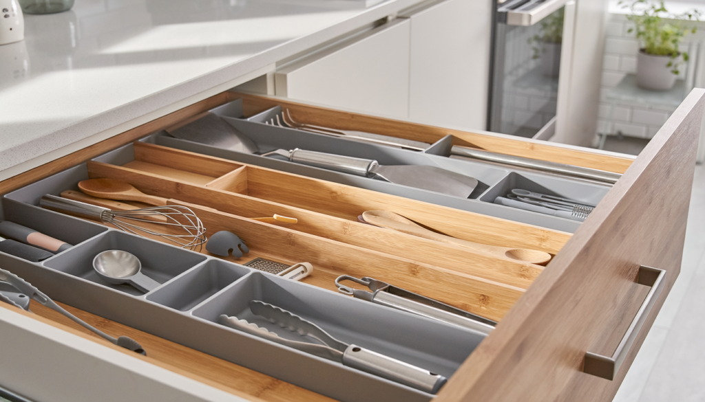 Organizers fitted inside a deep kitchen drawer