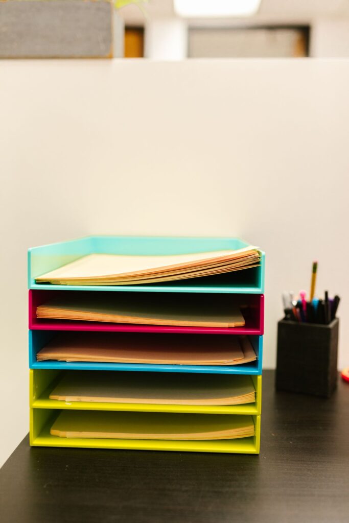 Paperwork in stacked desktop trays