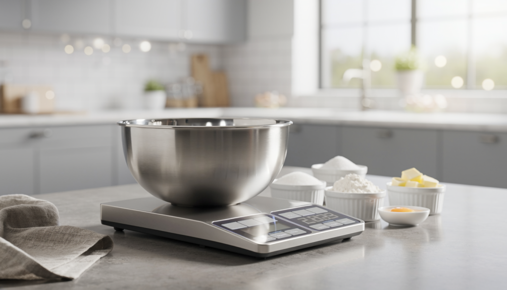 Digital kitchen scale with mixing bowl and ingredients on a kitchen counter