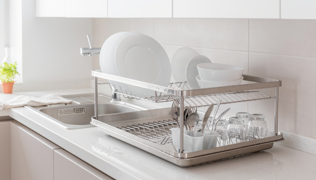 Compact dish drying rack beside a small apartment kitchen sink