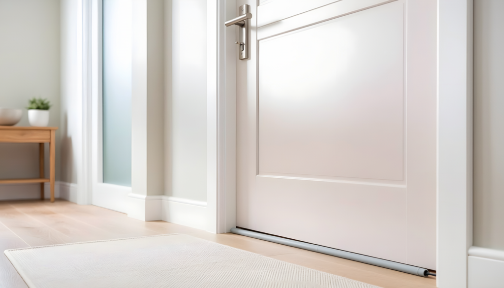 Draft stopper fitted along the bottom of an apartment entry door