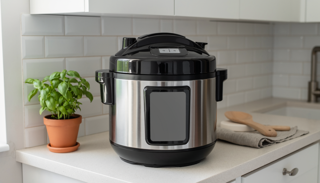 Compact electric pressure cooker on a small kitchen counter