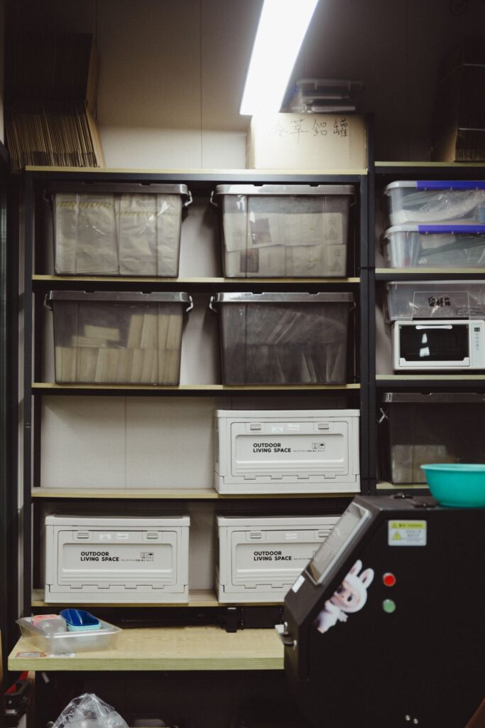 Organized storage shelves with plastic containers