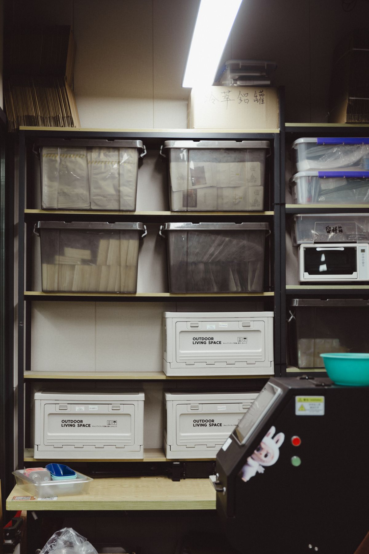 Organized storage shelves with plastic containers