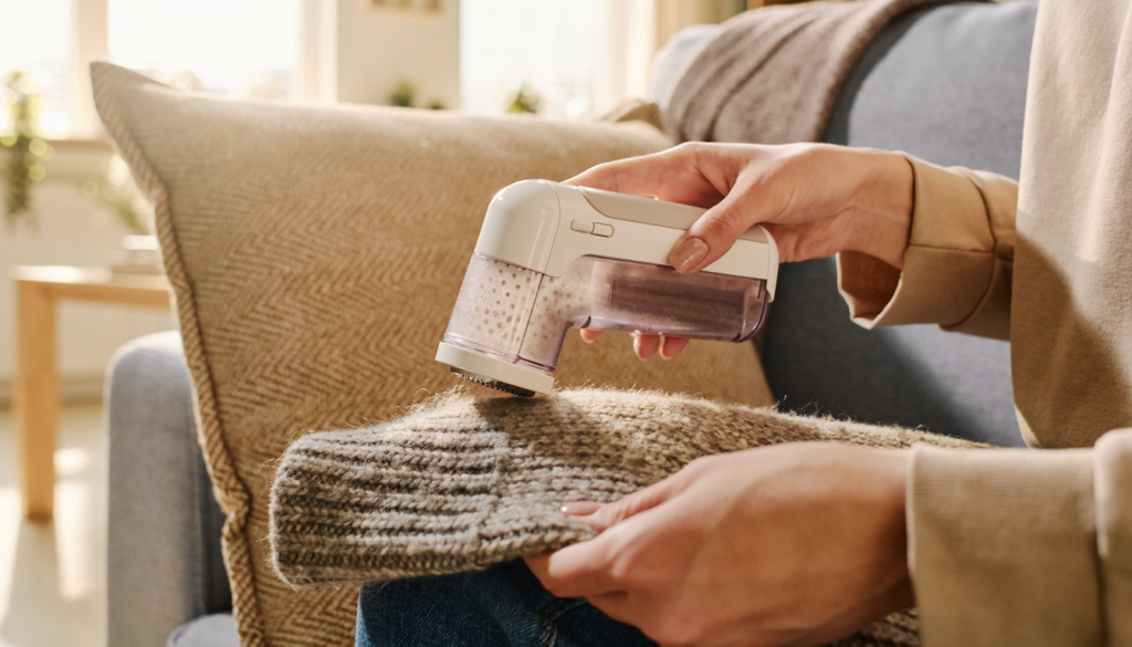 Fabric shaver being used on a sweater in a cozy apartment