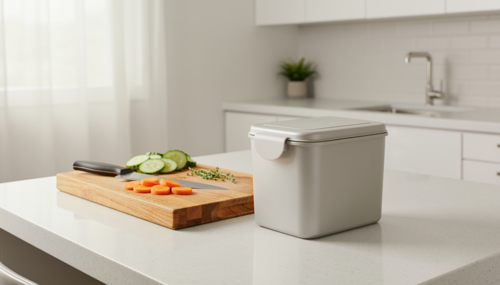Compact food scrap bin on a small apartment kitchen counter