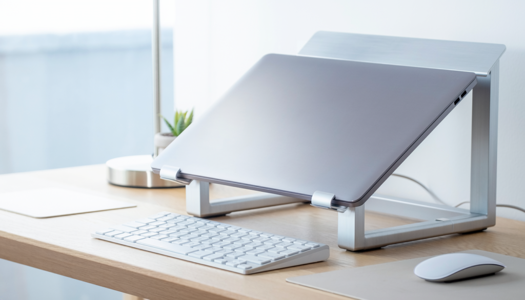 Laptop stand with keyboard and mouse on a compact home office desk